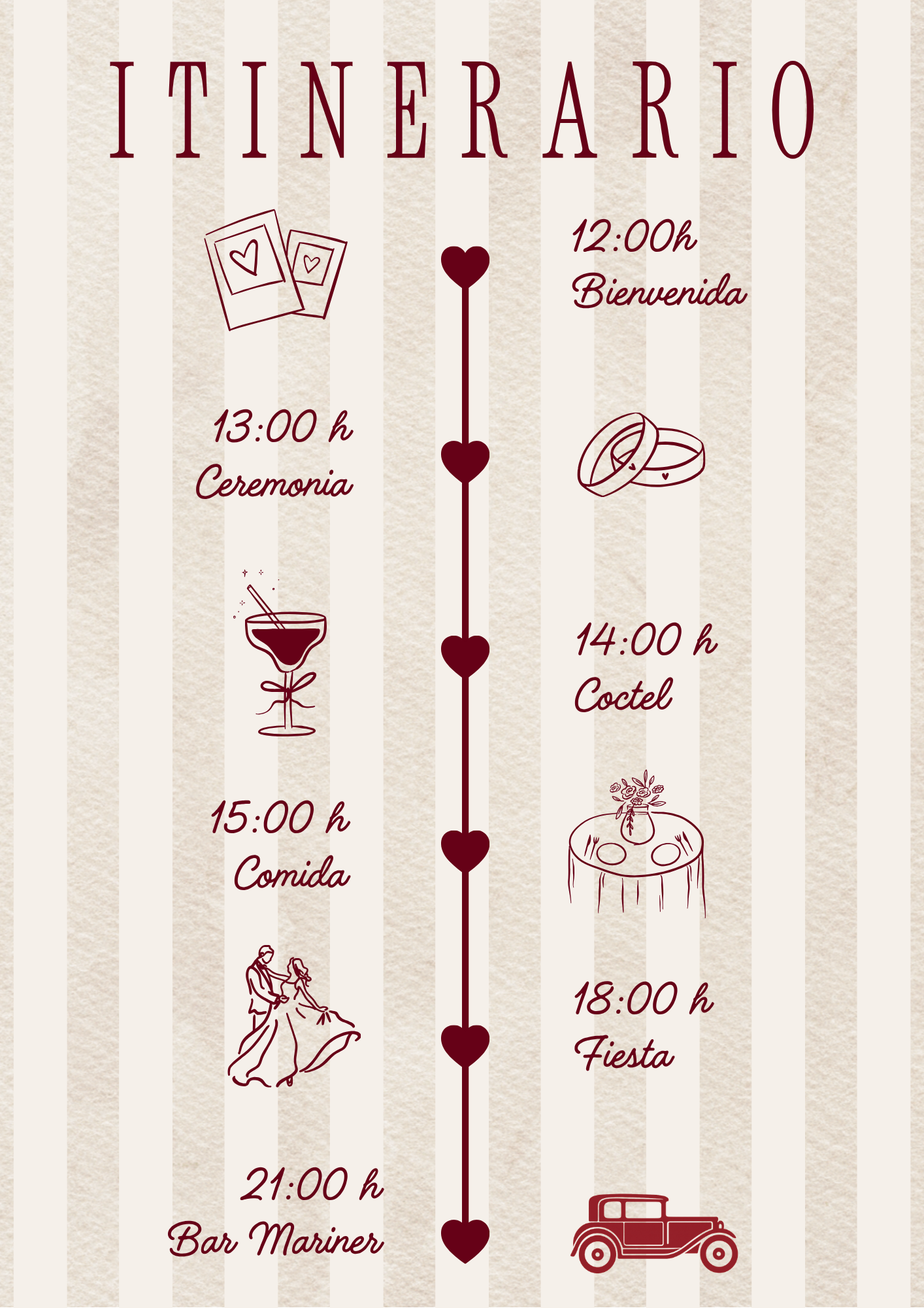 Cartel A3 Itinerario Boda Rayas Elegante Ilustrado Beige Burdeos